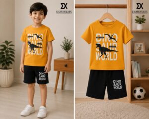 Yellow DINO SAUR Print T-shirt & Shorts set for boys