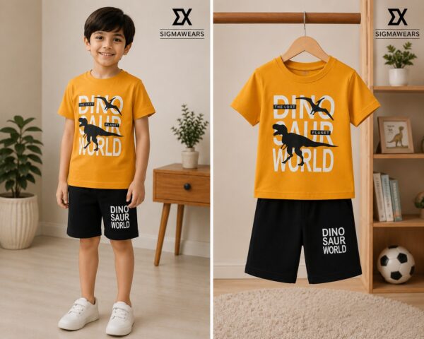 Yellow DINO SAUR Print T-shirt & Shorts set for boys